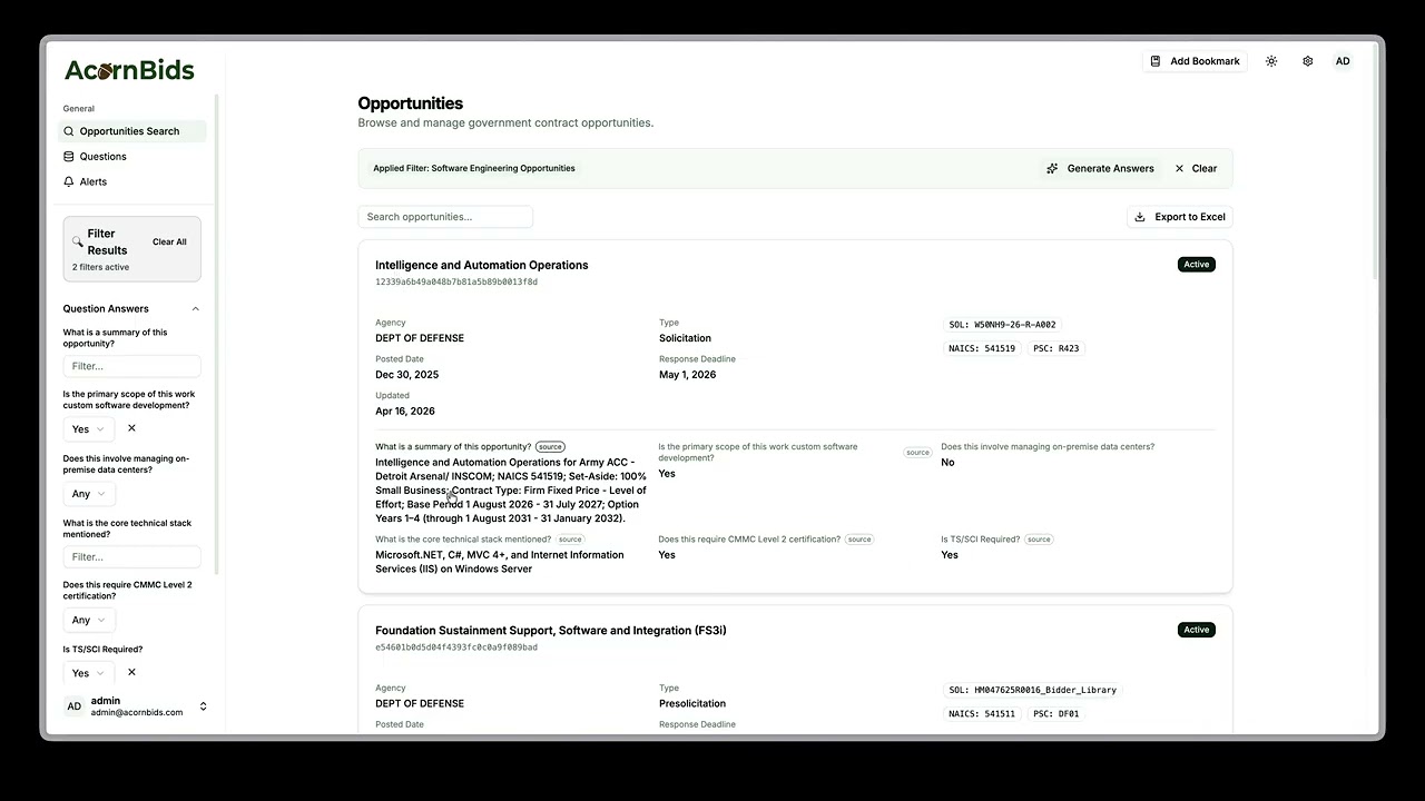 AcornBids opportunity qualification dashboard showing AI-generated answers